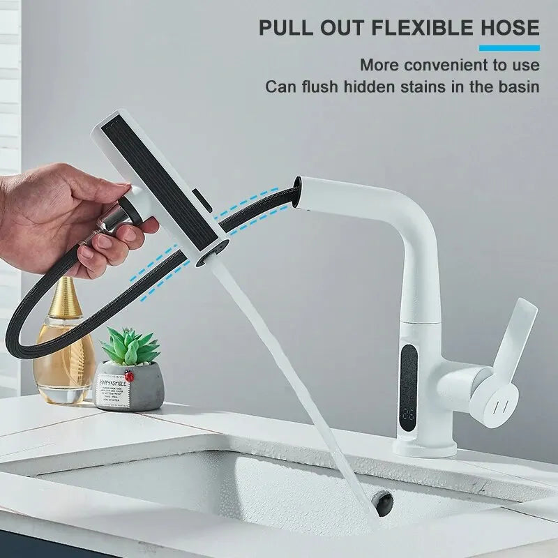 Temperature Digital Display Bathroom Basin Faucet – Pull-Out Waterfall Sink Mixer Tap