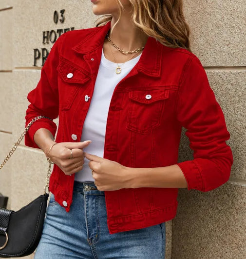 Women’s Short Denim Jacket – Trendy Lapel, Pocket Design, Single-Breasted Spring & Autumn Outwear