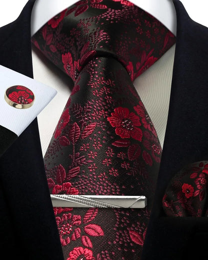 Men’s Classic Silver Paisley Tie Set – Silk Necktie, Pocket Square, Cufflinks & Tie Clip – Formal Wedding Party Gift Box