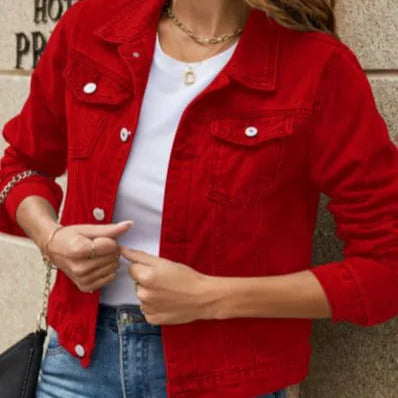 Women’s Short Denim Jacket – Trendy Lapel, Pocket Design, Single-Breasted Spring & Autumn Outwear