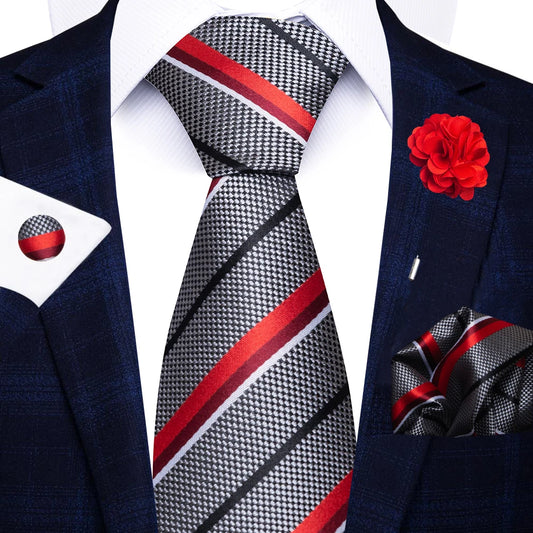 Red Paisley Tie Set for Men – 8cm Necktie, Matching Handkerchief, Cufflinks & Pin – Formal Wedding & Party Accessories