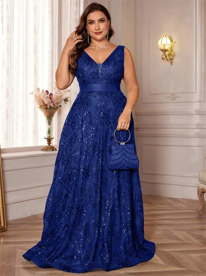 Plus Size Deep V-Neck Sequin Evening Dress – Elegant Blue Long Formal Gown with V-Back for Wedding, Party & Prom