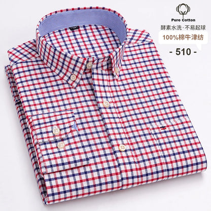 100% Cotton Oxford Long Sleeve Men's Plaid Dress Shirt – Regular Fit Formal Shirt with Pocket (S–7XL)