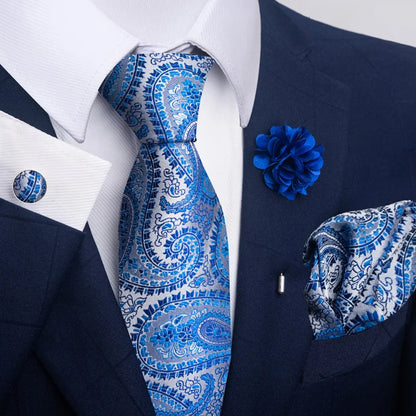 Luxury Men’s Floral Paisley Tie Set – Black & Gold Necktie with Matching Pocket Square, Cufflinks & Brooch | Elegant Wedding, Business, Dinner & Cocktail Look