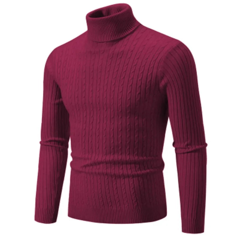 Men’s High Neck Knitted Sweater – Solid Color Warm Turtleneck Pullover for Winter