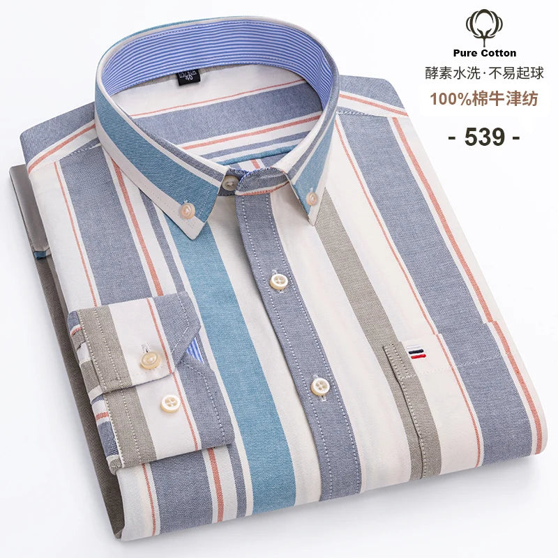 100% Cotton Oxford Long Sleeve Men's Plaid Dress Shirt – Regular Fit Formal Shirt with Pocket (S–7XL)