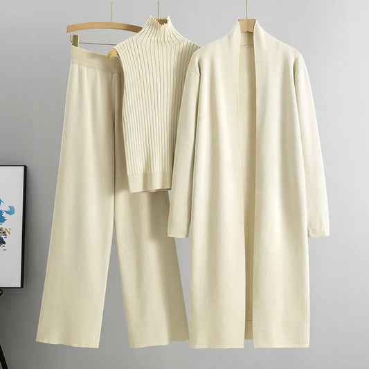 Women's 3-Piece Knitted Cardigan Tracksuit Set – Vintage Style Sweater + Top + Pants | Spring/Autumn Fashion Outfit