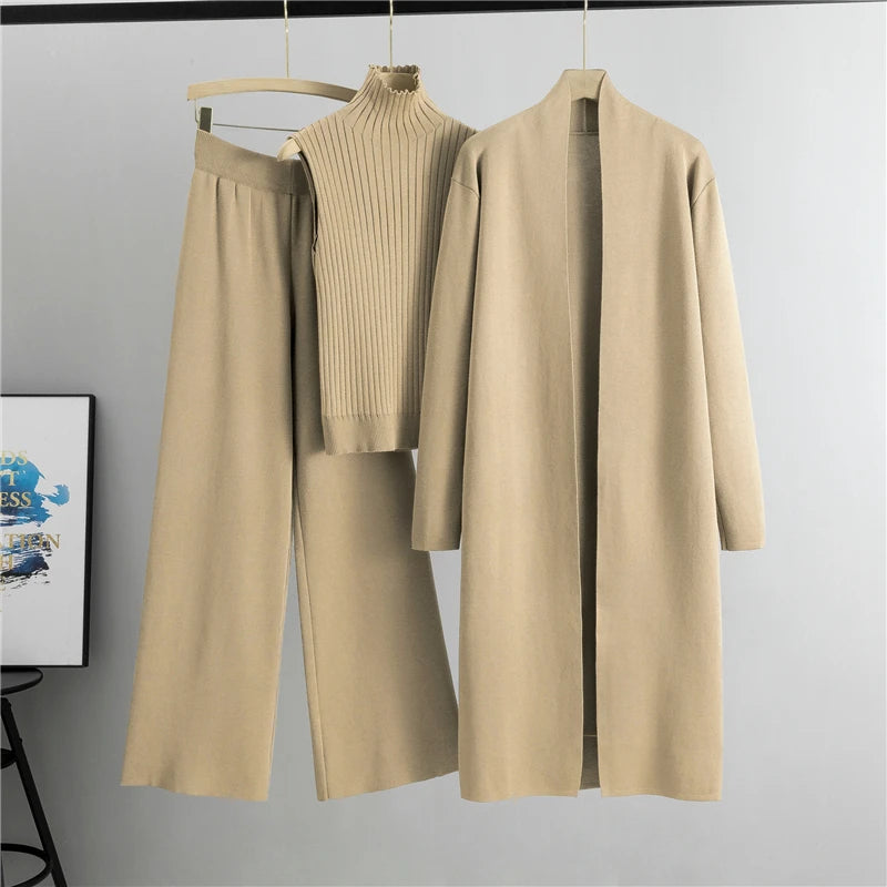 Women's 3-Piece Knitted Cardigan Tracksuit Set – Vintage Style Sweater + Top + Pants | Spring/Autumn Fashion Outfit