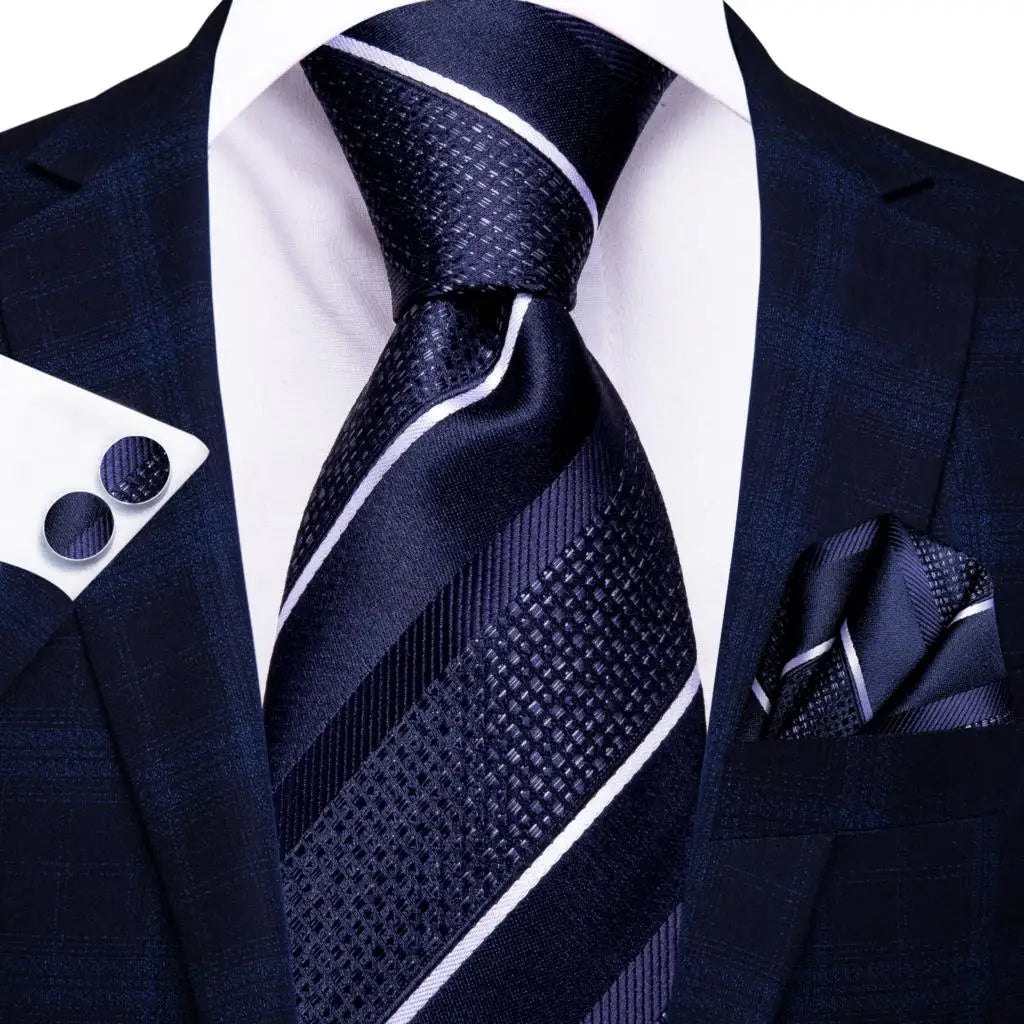 Navy Blue Striped Silk Tie Set for Men – Necktie, Pocket Square & Cufflinks – Formal Business & Wedding Gift Set