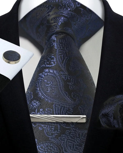 Men’s Classic Silver Paisley Tie Set – Silk Necktie, Pocket Square, Cufflinks & Tie Clip – Formal Wedding Party Gift Box