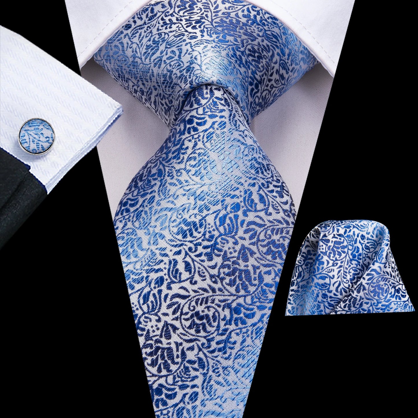 Navy Blue Striped Silk Tie Set for Men – Necktie, Pocket Square & Cufflinks – Formal Business & Wedding Gift Set