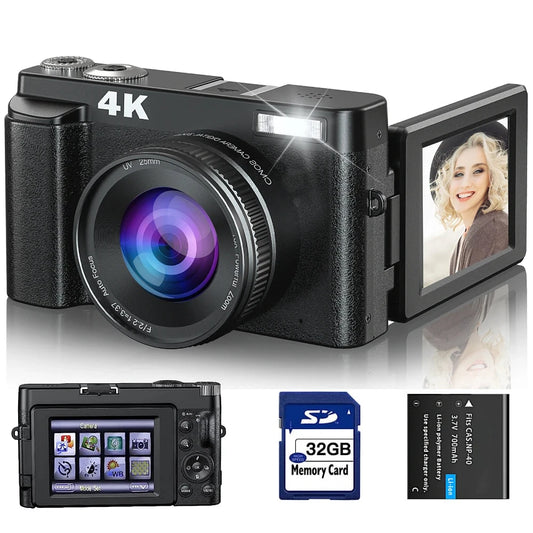 4K Digital Camera for Photography and Video – Autofocus, 48MP Vlogging Camera with Anti-Shake, 3'' 180° Flip Screen, and SD Card