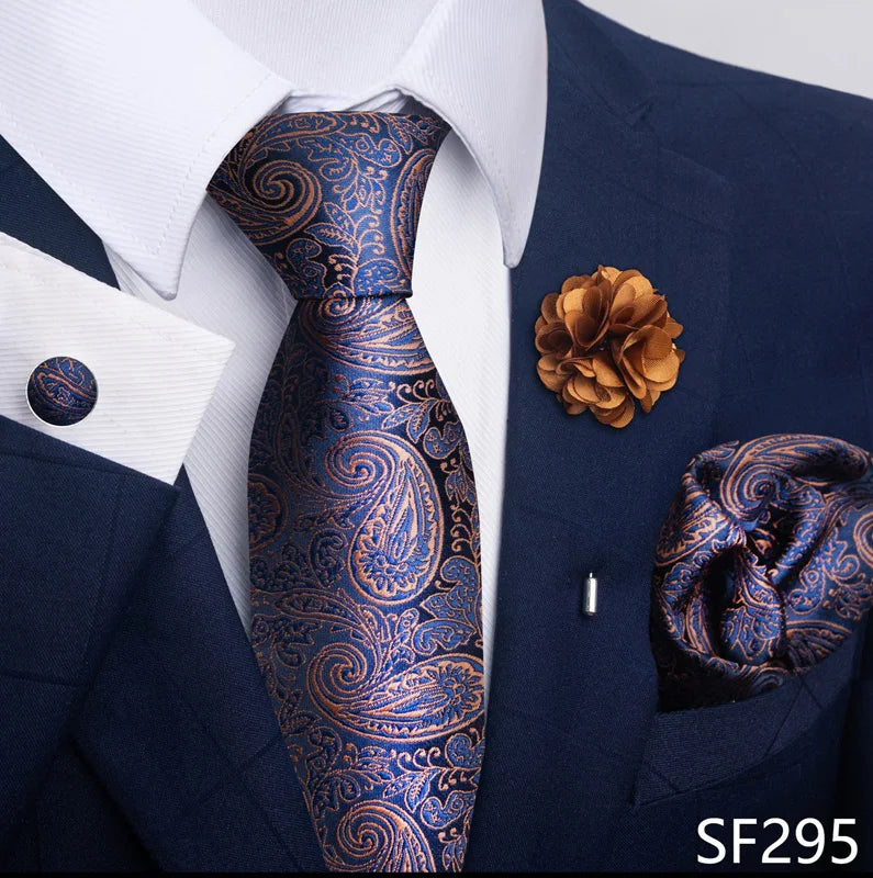 Luxury Men’s Floral Paisley Tie Set – Black & Gold Necktie with Matching Pocket Square, Cufflinks & Brooch | Elegant Wedding, Business, Dinner & Cocktail Look