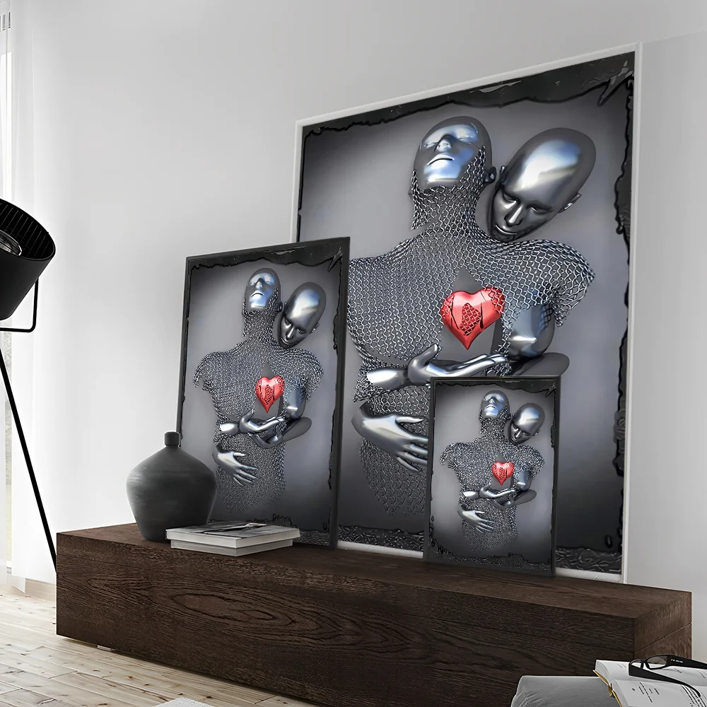 Romantic Art Love Heart Gray Metal Figure Statue 3D Art DIY Sticky Poster Vintage Room Bar Cafe Decor Home Decor