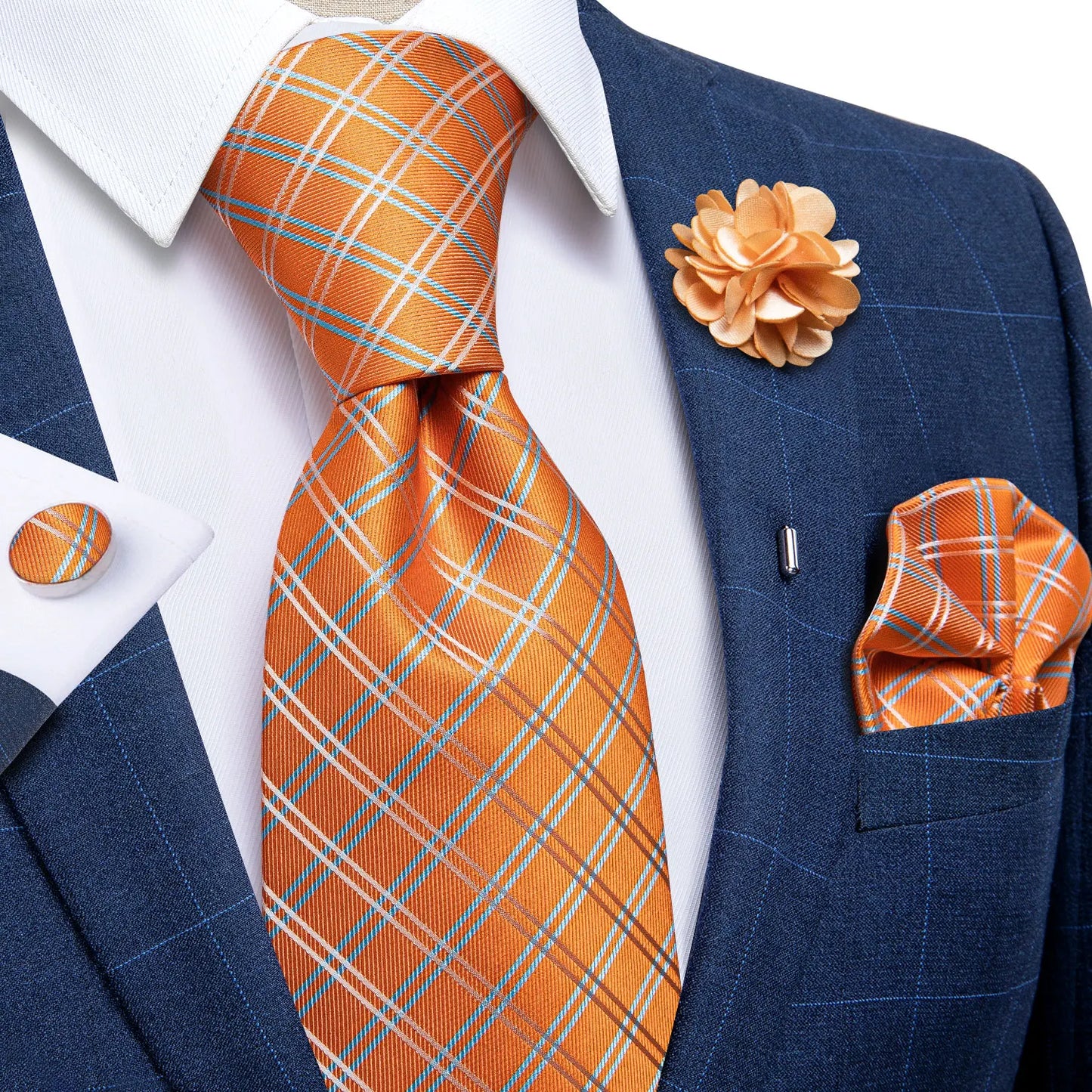 Blue & Silver Paisley Silk Tie Set – 8cm Necktie + Pocket Square + Cufflinks + Brooch – Elegant Men’s Gift for Weddings & Holidays
