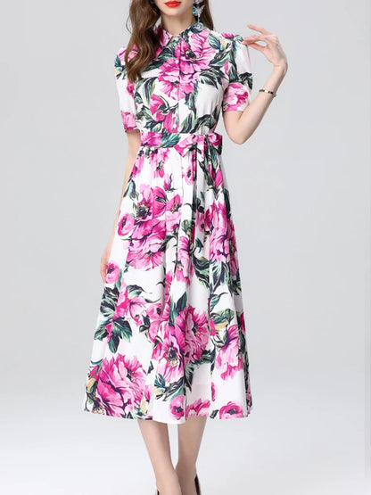 Elegant Printed Slim Fit Lapel Dress – Women’s Short Sleeve Spring/Summer 2025 Fashion