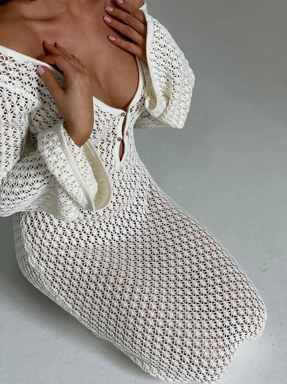 Sexy Women's White Knit Bikini Cover-Up – Long Sleeve, Deep V-Neck, Backless Beach Dress