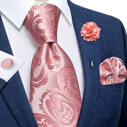 Luxury Red & Blue Floral Silk Tie Set – 8cm Necktie + Pocket Square + Cufflinks + Brooch – Men’s Formal Gift Set