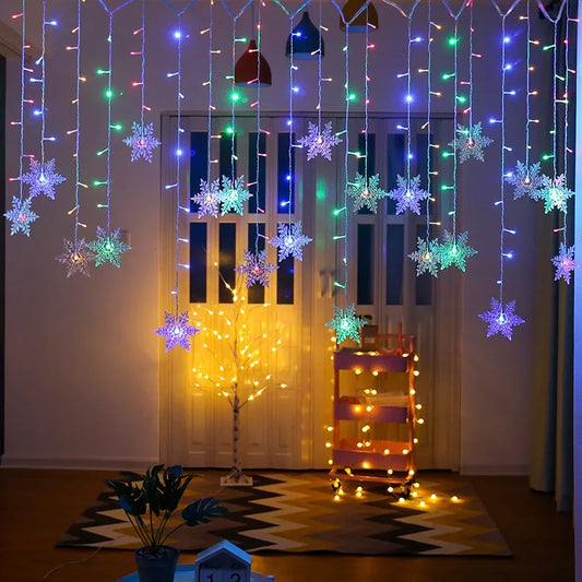 Christmas Decorations Snowflake Window Curtain Garlands Led Icicle Fairy Lights Flashing 8 Modes Eu-Plug New Year 