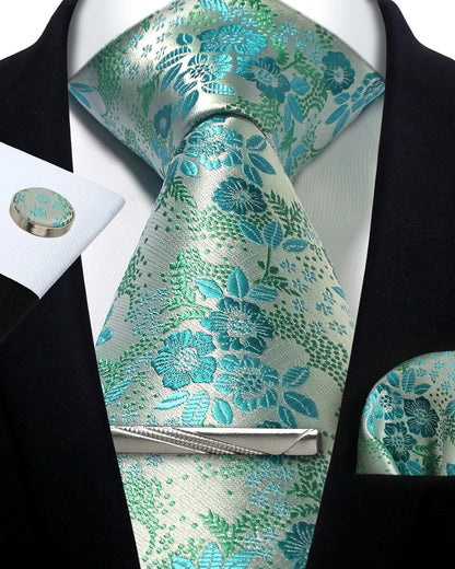 Men’s Classic Silver Paisley Tie Set – Silk Necktie, Pocket Square, Cufflinks & Tie Clip – Formal Wedding Party Gift Box