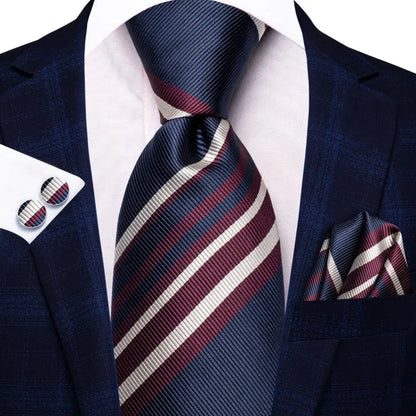 Navy Blue Striped Silk Tie Set for Men – Necktie, Pocket Square & Cufflinks – Formal Business & Wedding Gift Set