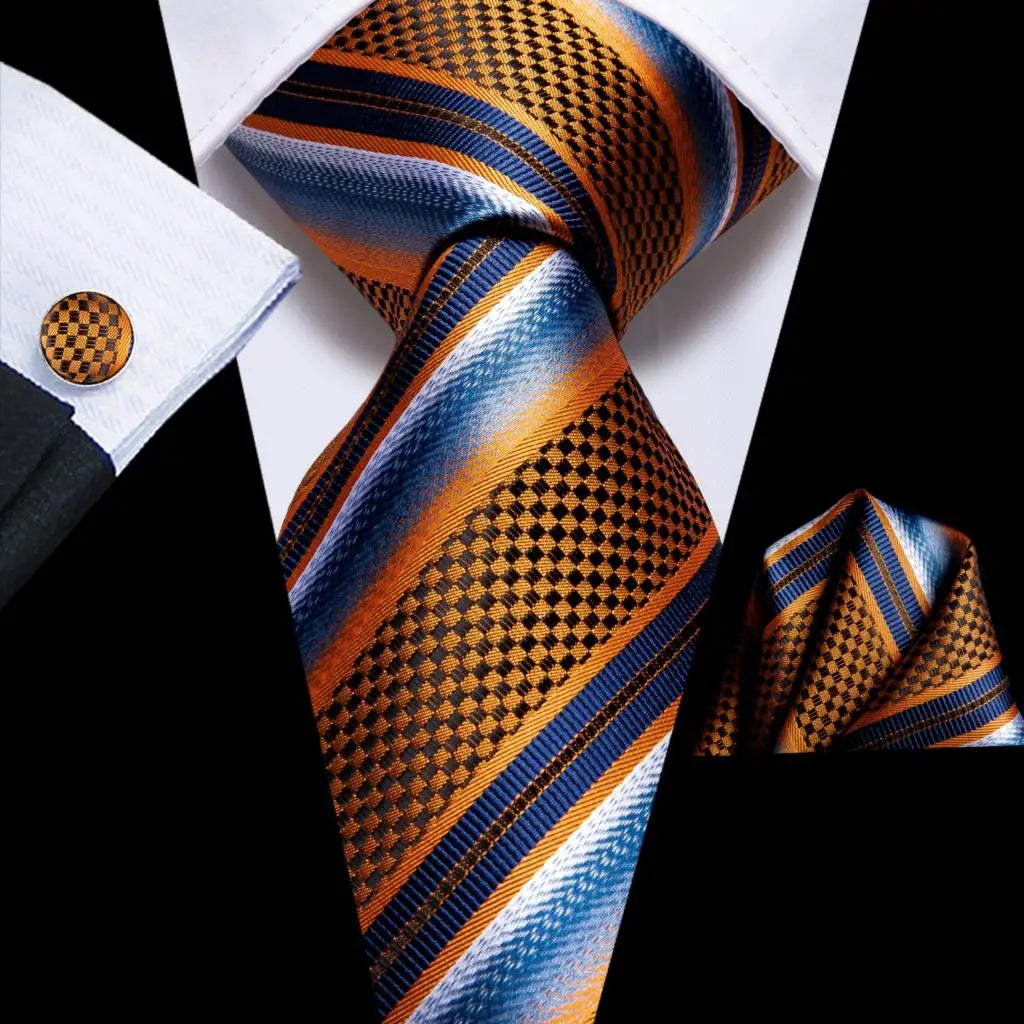 Navy Blue Striped Silk Tie Set for Men – Necktie, Pocket Square & Cufflinks – Formal Business & Wedding Gift Set