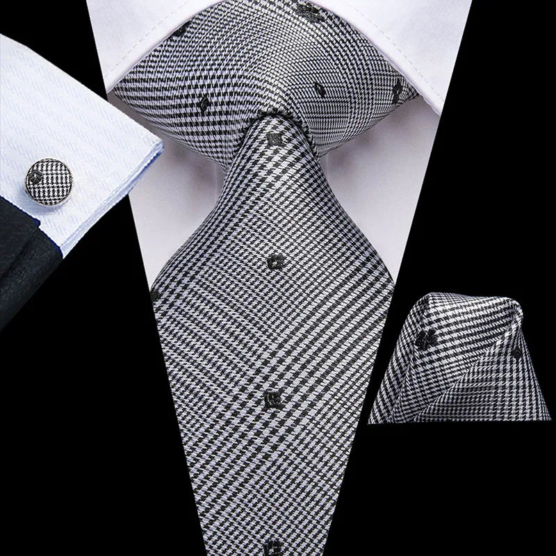 White & Grey Paisley Tie Set – Silk Necktie, Pocket Square & Cufflinks for Men – Formal Wedding & Business Accessory