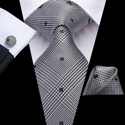 White & Grey Paisley Tie Set – Silk Necktie, Pocket Square & Cufflinks for Men – Formal Wedding & Business Accessory