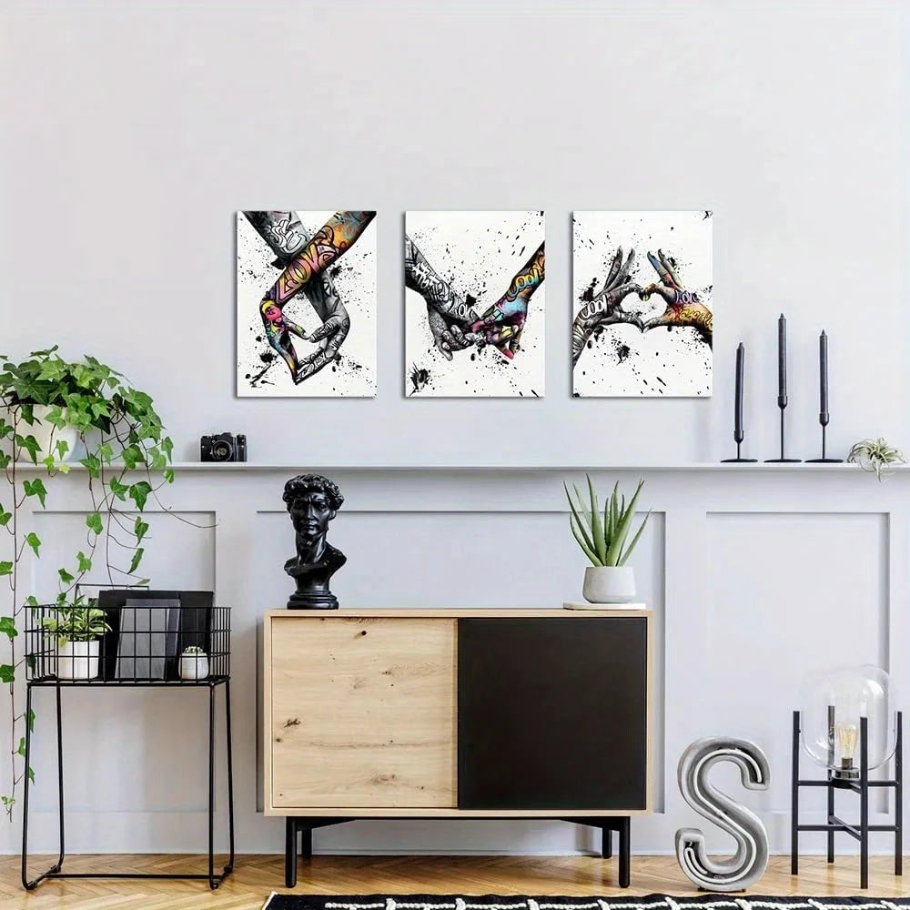 3PCS Graffiti Holding Hands Canvas Print - Abstract Paintings for Living Room, Bedroom Wall Art & Couple Gifts (Unframed)