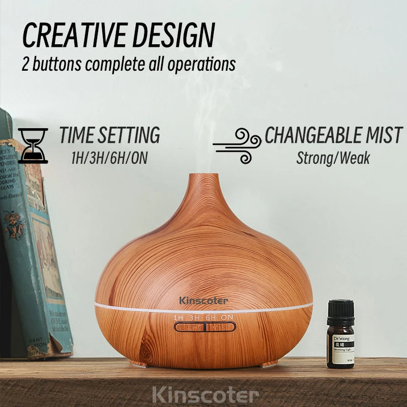 500ml Wood Grain Ultrasonic Aroma Diffuser – 7-Color LED, Remote Control, Humidifier & Timer