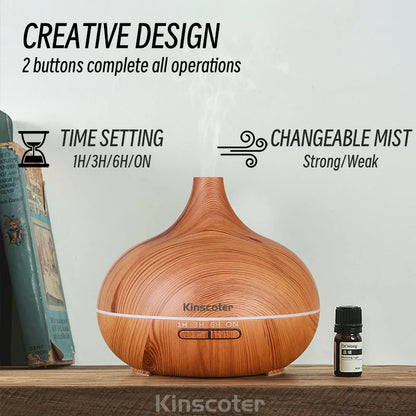 500ml Wood Grain Ultrasonic Aroma Diffuser – 7-Color LED, Remote Control, Humidifier & Timer