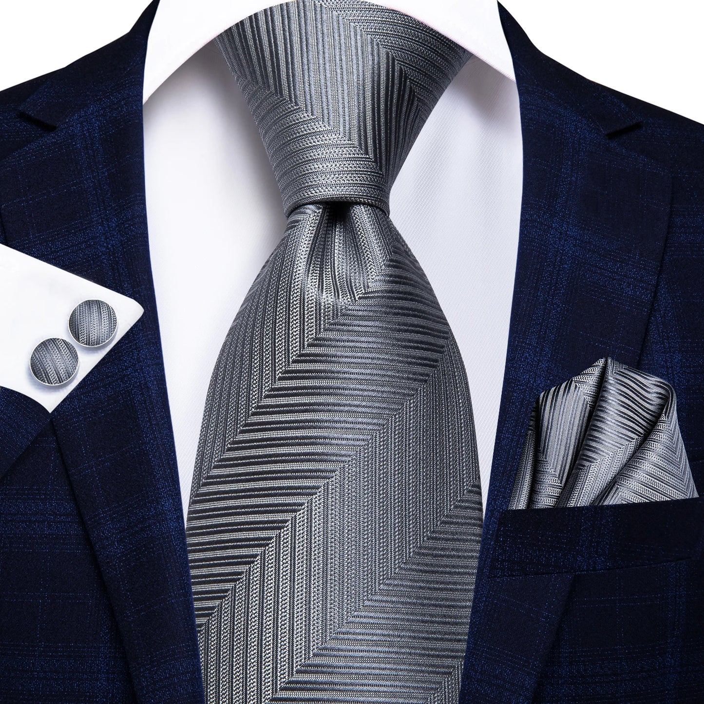 Navy Blue Striped Silk Tie Set for Men – Necktie, Pocket Square & Cufflinks – Formal Business & Wedding Gift Set