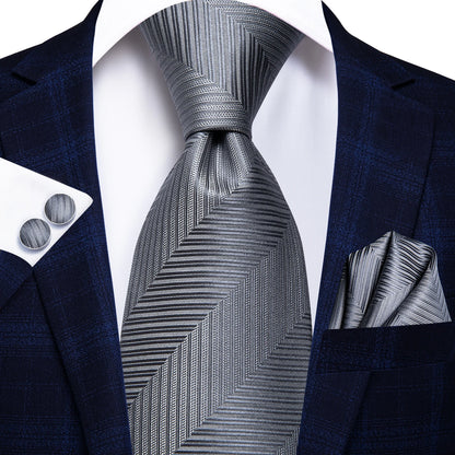 Navy Blue Striped Silk Tie Set for Men – Necktie, Pocket Square & Cufflinks – Formal Business & Wedding Gift Set