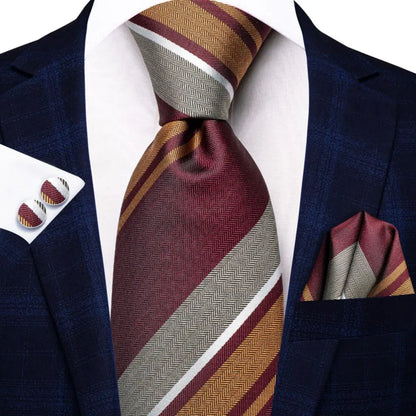Navy Blue Striped Silk Tie Set for Men – Necktie, Pocket Square & Cufflinks – Formal Business & Wedding Gift Set