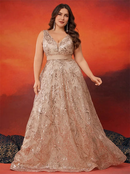 Plus Size Deep V-Neck Sequin Evening Dress – Elegant Blue Long Formal Gown with V-Back for Wedding, Party & Prom