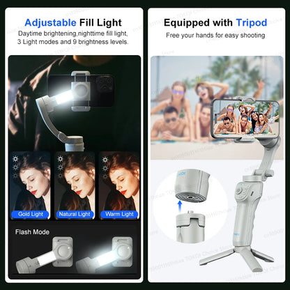 Handheld Gimbal Phone Stabilizer with Fill Light for Smartphone 3-Axis anti Shake Foldable Holder Selfie Tripod for Iphone