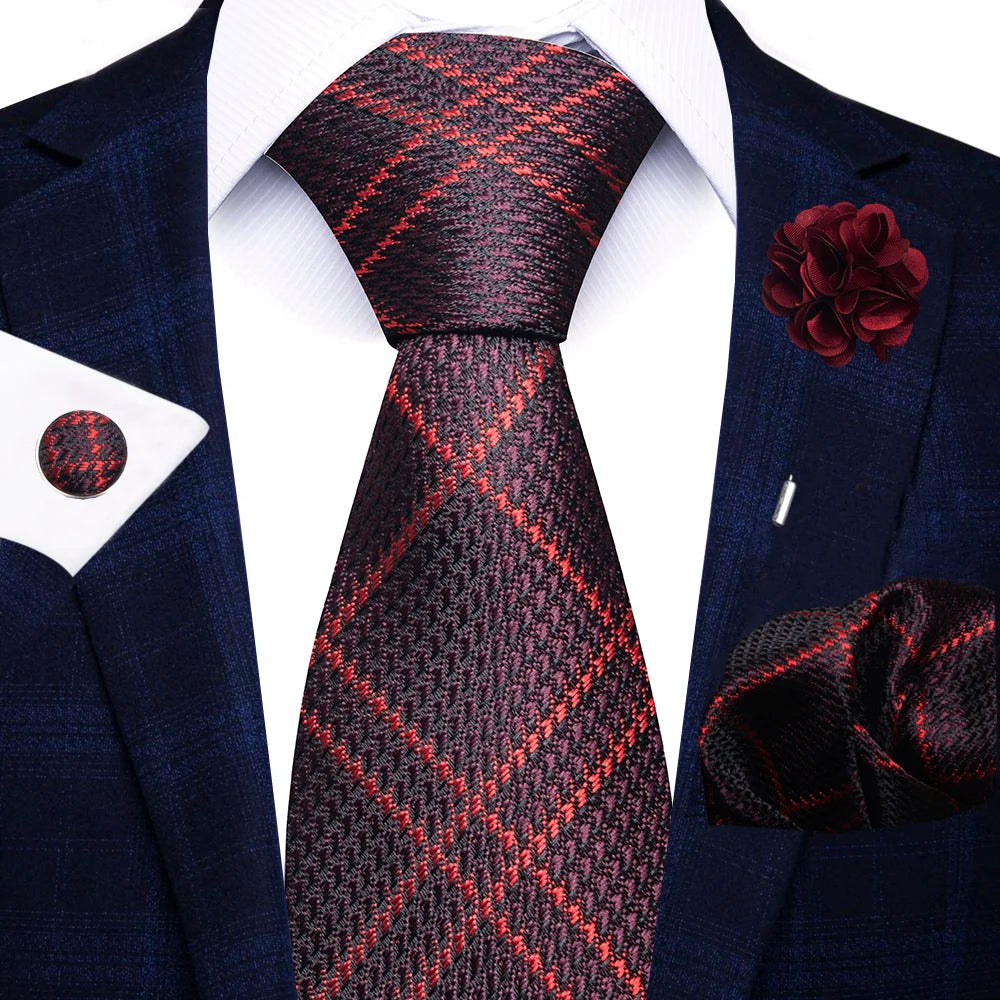 Red Paisley Tie Set for Men – 8cm Necktie, Matching Handkerchief, Cufflinks & Pin – Formal Wedding & Party Accessories