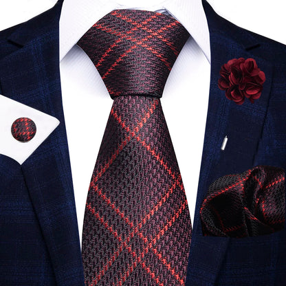 Red Paisley Tie Set for Men – 8cm Necktie, Matching Handkerchief, Cufflinks & Pin – Formal Wedding & Party Accessories