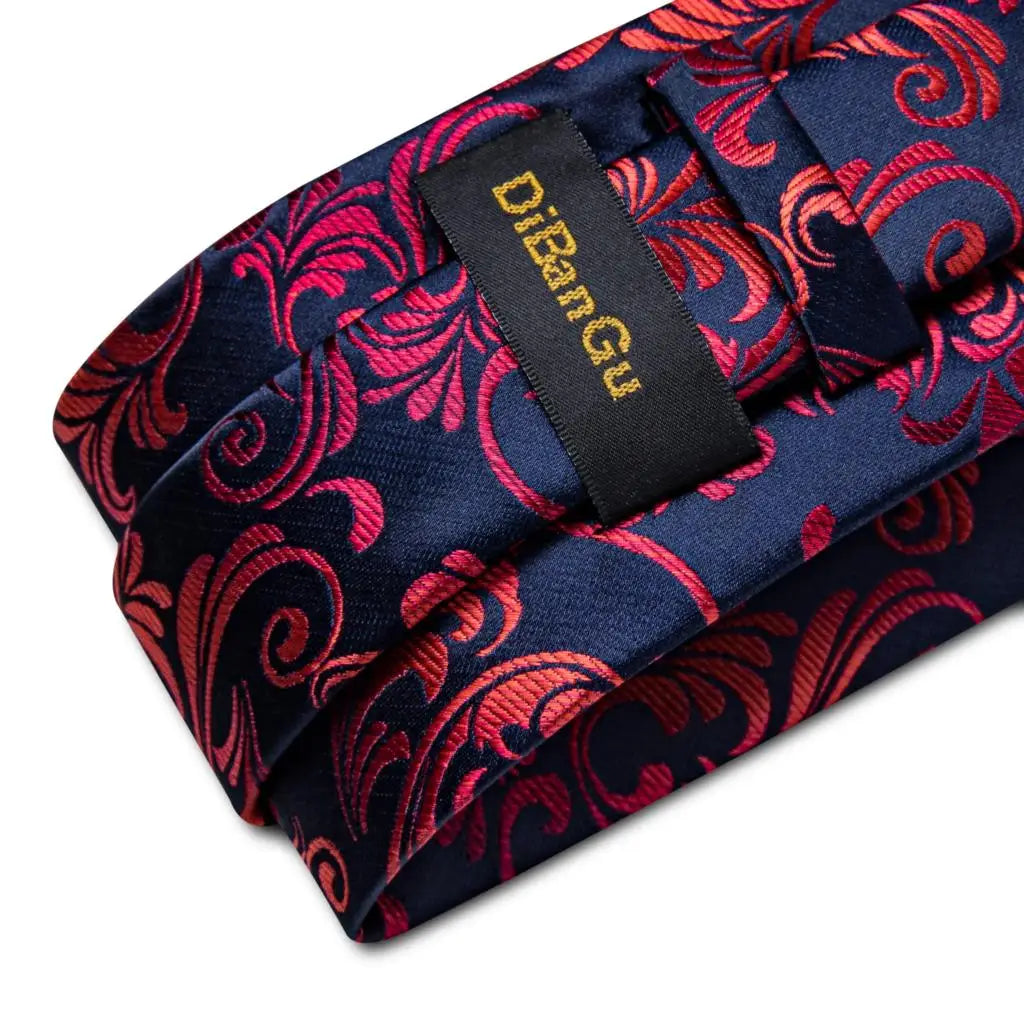 Luxury Red & Blue Floral Silk Tie Set – 8cm Necktie + Pocket Square + Cufflinks + Brooch – Men’s Formal Gift Set