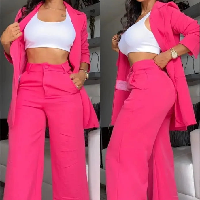 Women’s 2-Piece Solid Color Set – Spring/Autumn Fashion – Elegant Split Collar Top & Straight Tube Pocket Pants