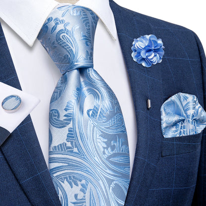 Luxury Red & Blue Floral Silk Tie Set – 8cm Necktie + Pocket Square + Cufflinks + Brooch – Men’s Formal Gift Set