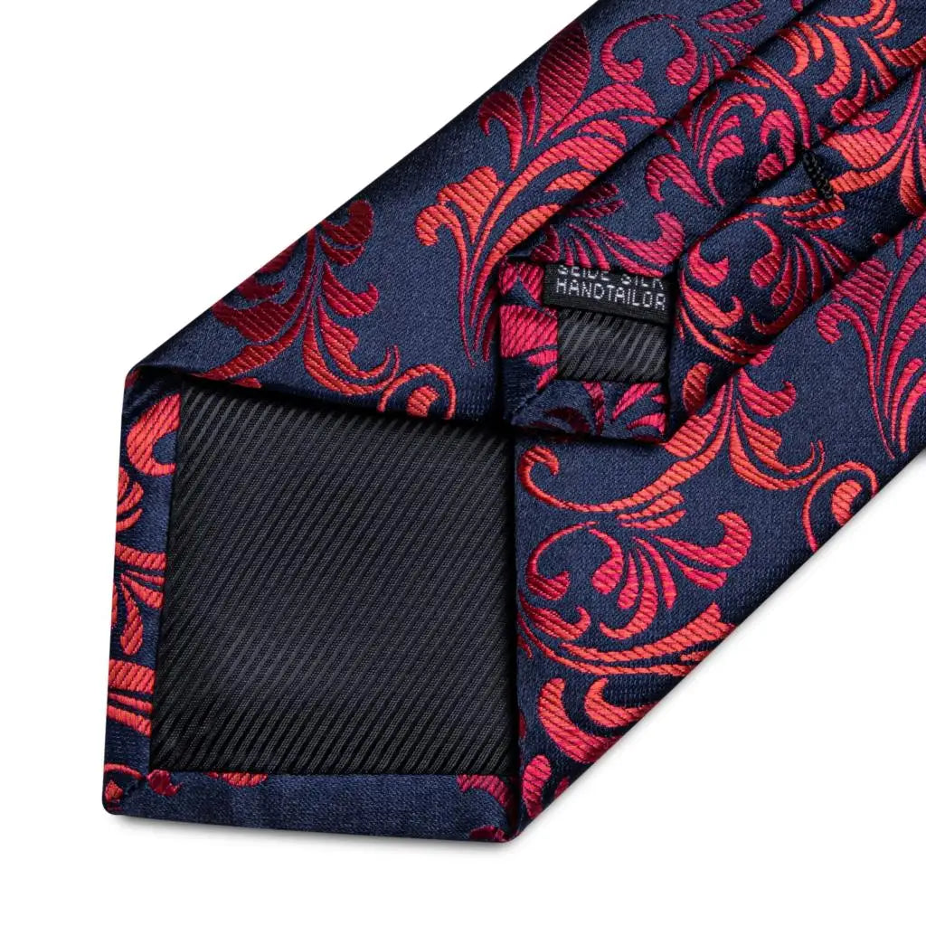 Luxury Red & Blue Floral Silk Tie Set – 8cm Necktie + Pocket Square + Cufflinks + Brooch – Men’s Formal Gift Set