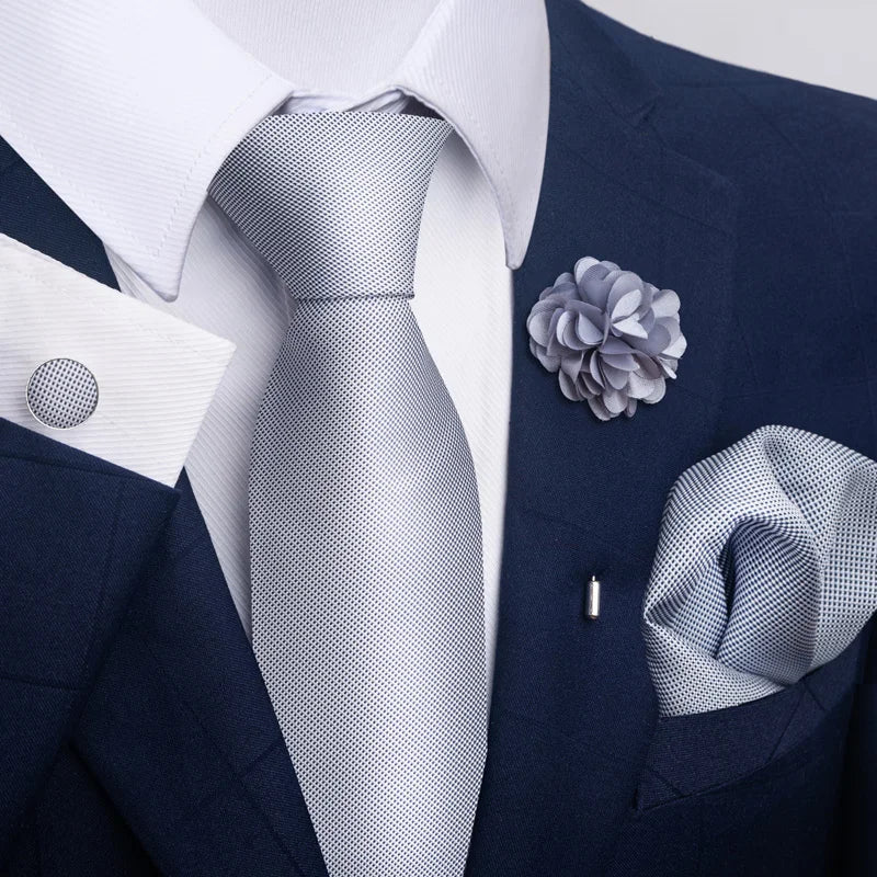 Luxury Men’s Floral Paisley Tie Set – Black & Gold Necktie with Matching Pocket Square, Cufflinks & Brooch | Elegant Wedding, Business, Dinner & Cocktail Look