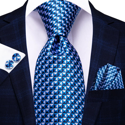 Navy Blue Striped Silk Tie Set for Men – Necktie, Pocket Square & Cufflinks – Formal Business & Wedding Gift Set