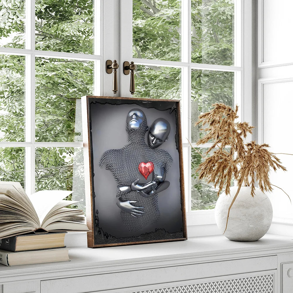 Romantic Art Love Heart Gray Metal Figure Statue 3D Art DIY Sticky Poster Vintage Room Bar Cafe Decor Home Decor