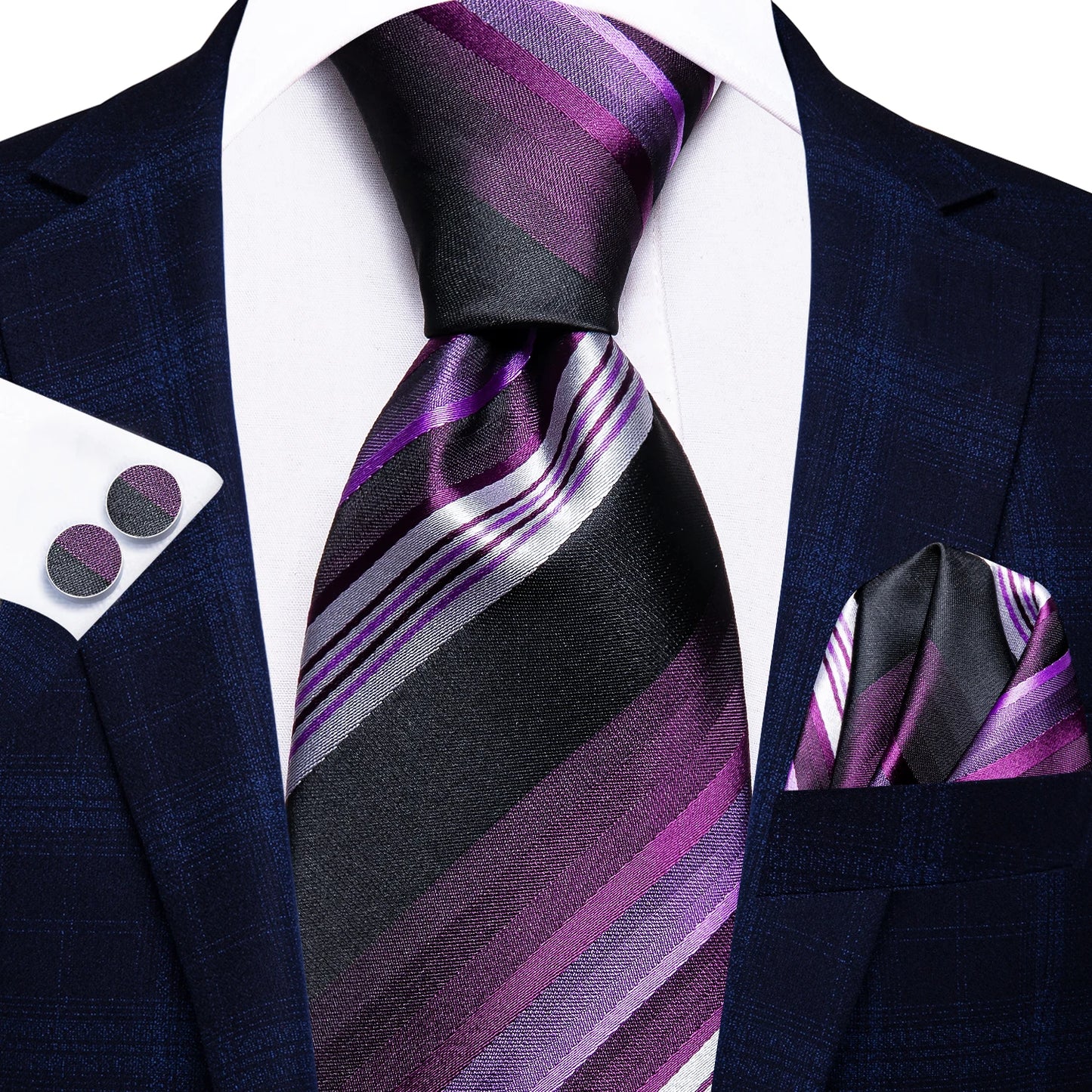 Navy Blue Striped Silk Tie Set for Men – Necktie, Pocket Square & Cufflinks – Formal Business & Wedding Gift Set