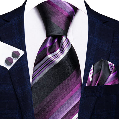 Navy Blue Striped Silk Tie Set for Men – Necktie, Pocket Square & Cufflinks – Formal Business & Wedding Gift Set