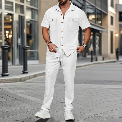 Men’s Solid Color Summer Two-Piece Set – Short-Sleeved Button-Up Shirt & Matching Trousers with Pockets