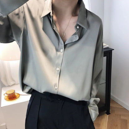 Elegant Satin Button-Down Blouse – Women’s Long Sleeve French Solid Shirt for Work & Evenings