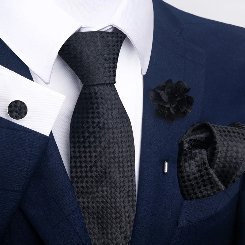 Luxury Men’s Floral Paisley Tie Set – Black & Gold Necktie with Matching Pocket Square, Cufflinks & Brooch | Elegant Wedding, Business, Dinner & Cocktail Look